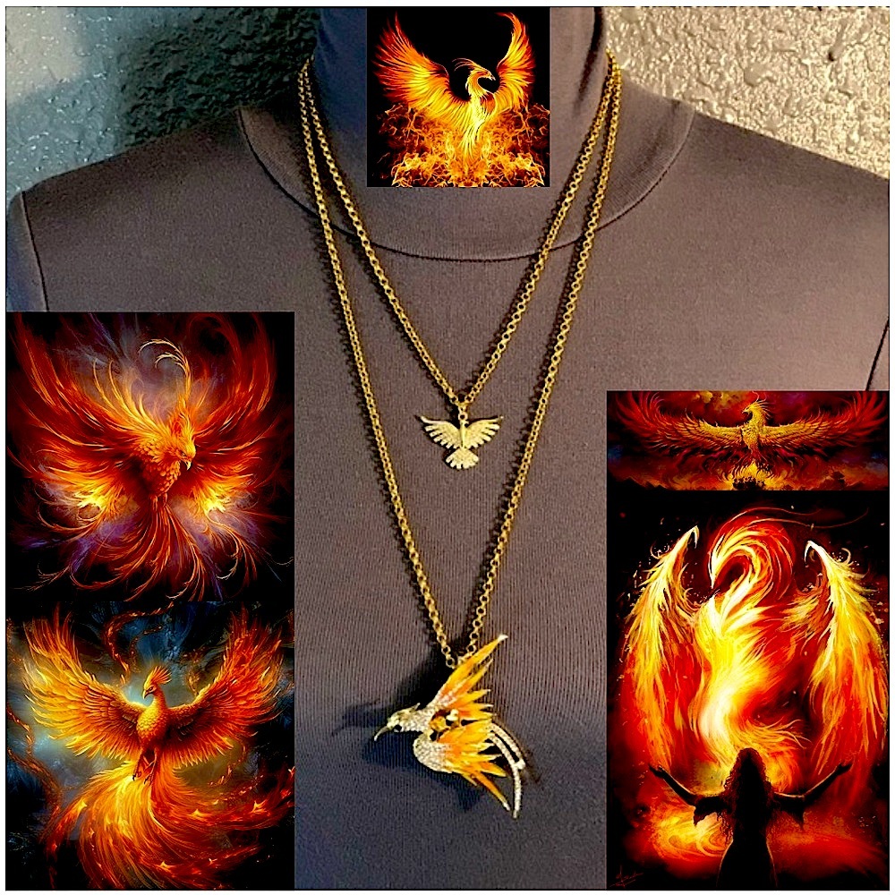 Rising Phoenix Handmade 2-Layer Gold Mythology Necklace Colorful Rhinestone Bird